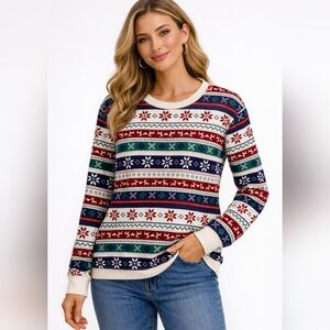 Knix Fair Isle Crewneck Sweater Size L Nordic Winter Pattern Cotton Knit Holiday